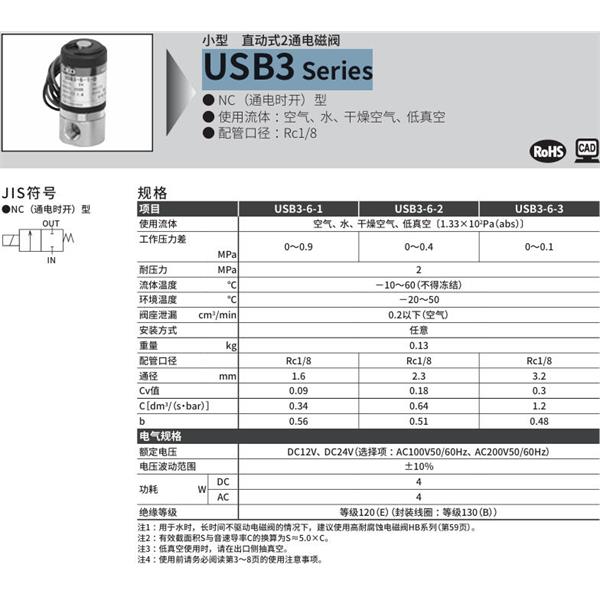 CKD喜開理多種流體小型直動式2通電磁閥USB3-6-1-D-DC12V