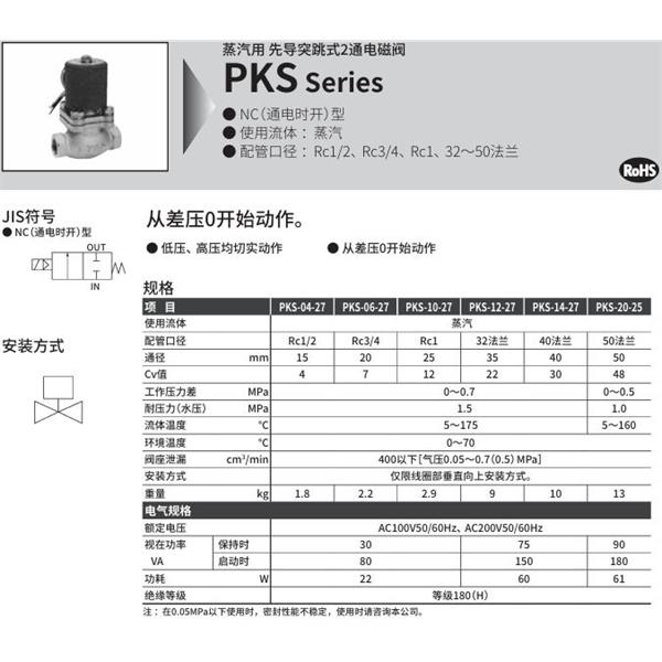 CKD喜開理蒸汽用先導突跳式2通電磁閥PKS-04-27-4M-AC100V