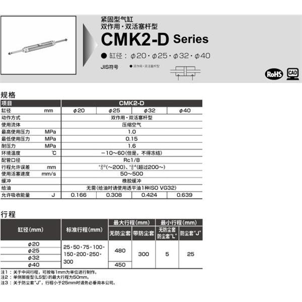 CKD喜開理緊固型氣缸CMK2-D-00-20-100-JI
