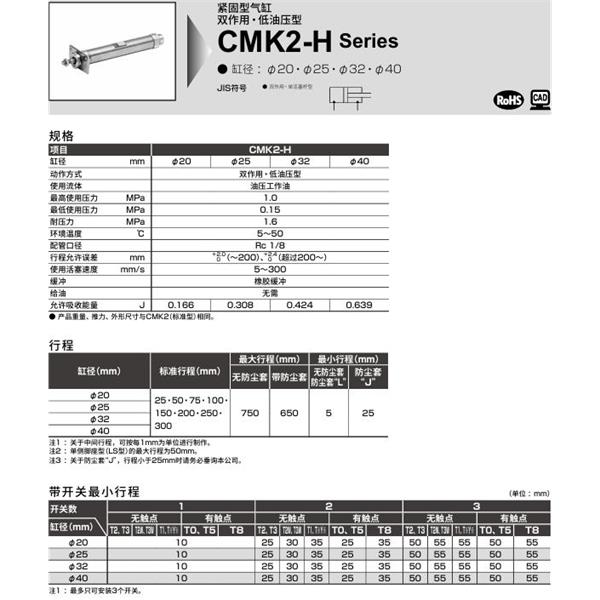 CKD喜開(kāi)理緊固型氣缸CMK2-H-CC1-40-100-JI