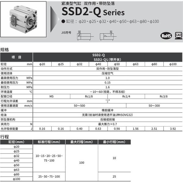 CKD喜開理緊湊型氣缸SSD2-QL-100-10-R-T0H-R-NM0-LB-I