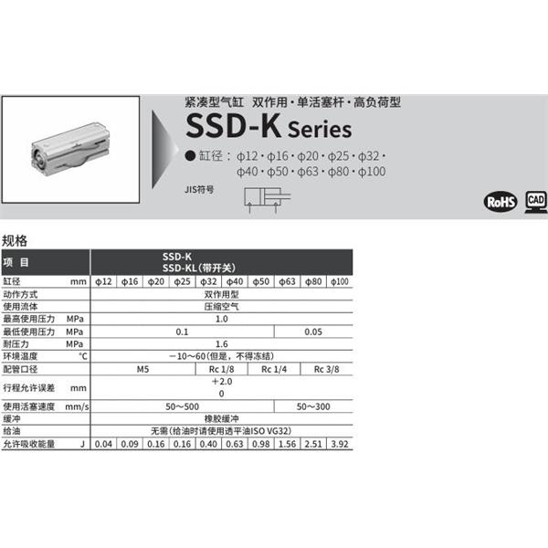 CKD喜開理超級緊湊型氣缸SSD-KL-125-5-T0H-R-N-LB-I