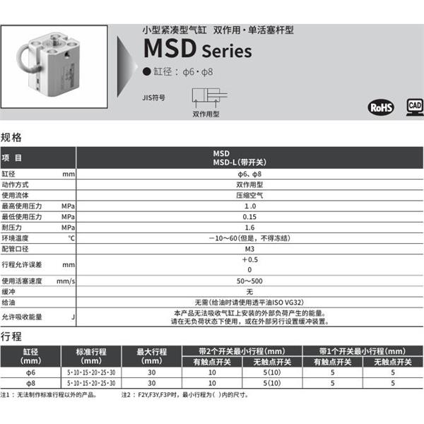 CKD喜開理小型帶線性導軌緊湊型氣缸MSD-L-8-10-F0H-R-R